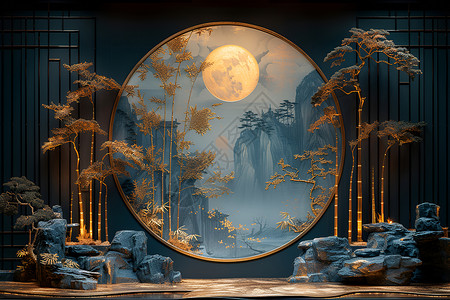 竹林映月背景图片