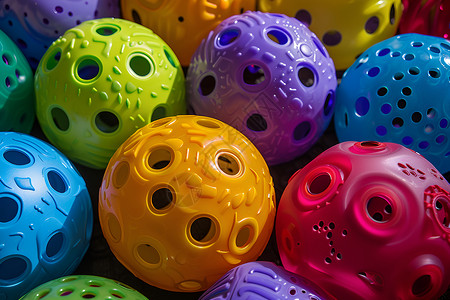 球中间有孔洞色彩缤纷的球堆放在桌面背景
