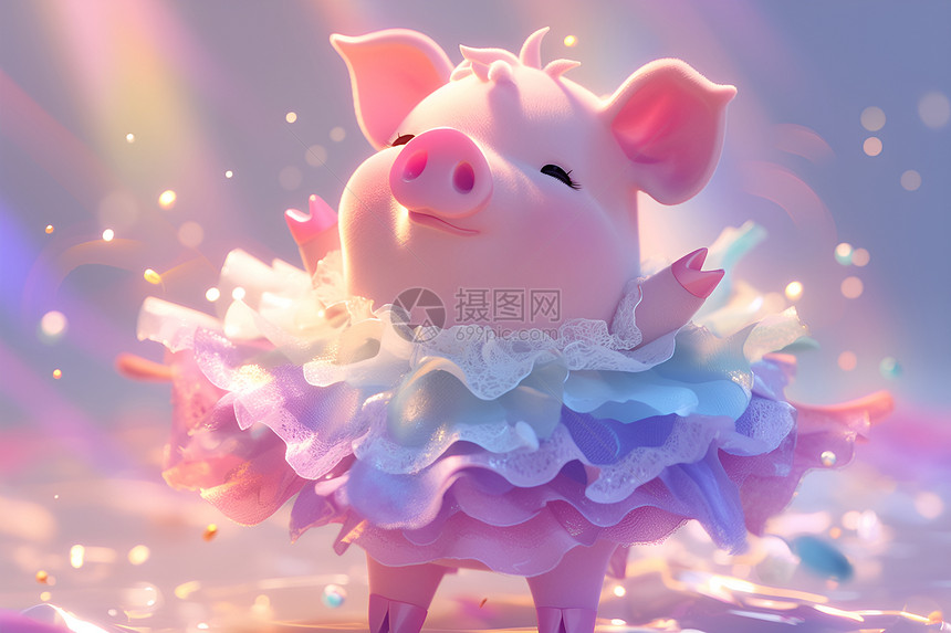 可爱小猪穿着蕾丝连衣裙图片