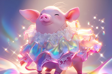 粉色小猪穿着梦幻彩虹裙插画
