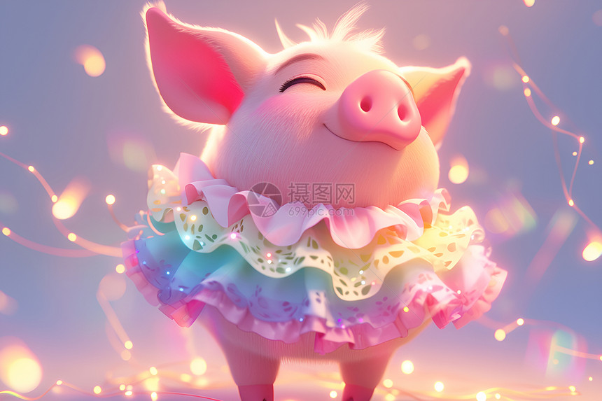 可爱的小猪仔穿着柔软毛茸茸的彩虹裙子图片