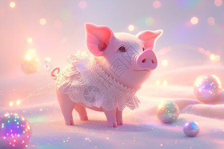 蕾丝连衣裙可爱小猪穿着连衣裙站在雪地玩球插画