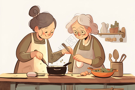 两位奶奶在厨房里烹饪高清图片