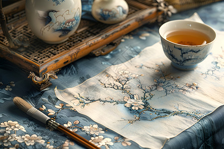 艺术茶杯茶杯下的国画背景