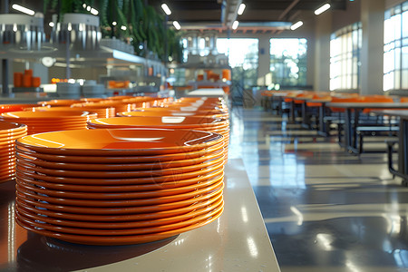 橙色桌椅学生餐厅中的橙色盘子背景