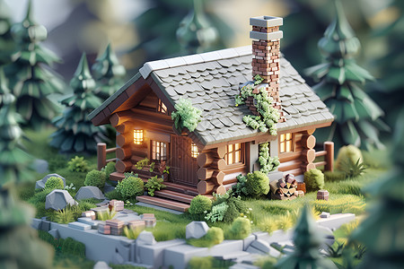 小屋模型草木环绕的木砖温馨小屋插画