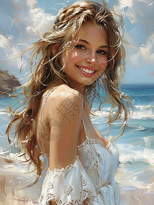 白裙少女海边的永恒魅力高清图片