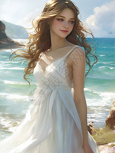 海边白裙女子风中倩影背景图片