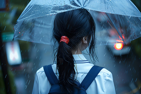 拿伞的少女雨中的优雅少女背景