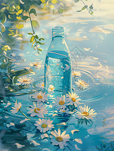 清蓝水域中漂浮的瓶子背景图片