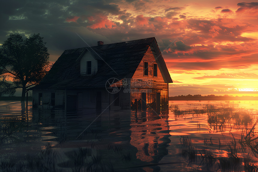 日落时的被洪水淹没的农舍图片