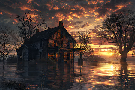 洪水淹没的农舍背景图片