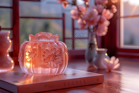 中秋节食物窗前粉色月饼模型设计图片