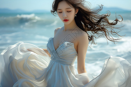 美丽甜蜜的白裙少女飘逸海边高清图片