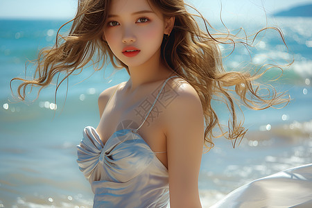 海水倒流的海边美少女背景图片