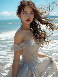 哈韩风女孩沙滩上的风中女子背景