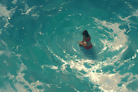 妙绘梦幻红比基尼女郎在海边冲浪背景图片