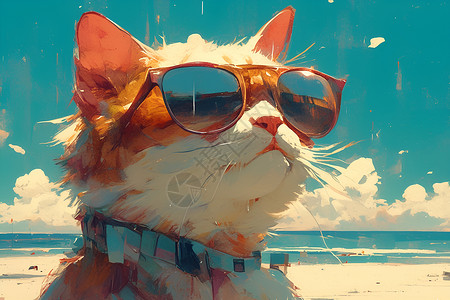 海滩上的猫猫动物艺术高清图片