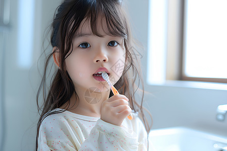 孩子刷牙清晨刷牙的小女孩背景