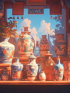 窗台上摆满了花瓶和罐子高清图片