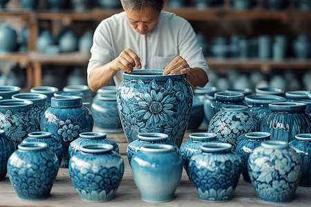 青花瓷瓷器特卖促销海报陶艺匠人背景