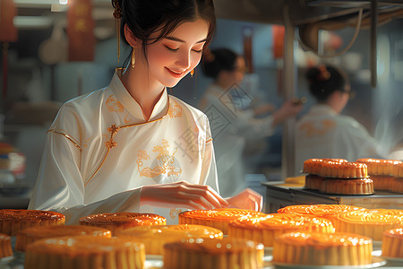 花与食物女人与月饼插画