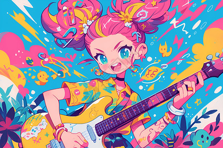 音乐色彩粉发女孩弹奏吉他插画