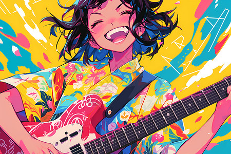 色彩音乐绚丽多彩的女孩弹奏吉他插画