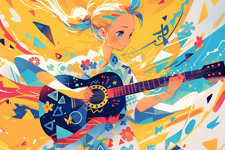 色彩活力彩色旋律的吉他女孩插画