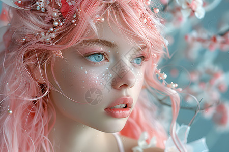 少女粉边框花卉中的粉发女孩背景