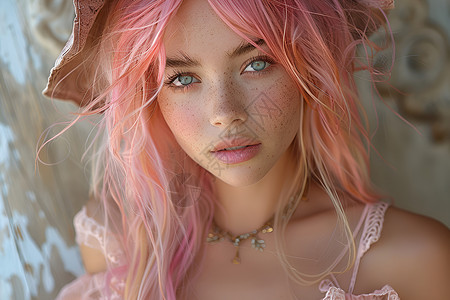 粉色发丝的少女背景图片