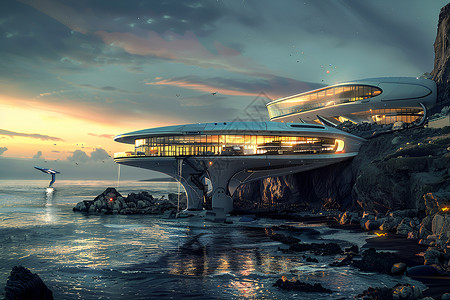 海边峭壁上的未来建筑背景图片