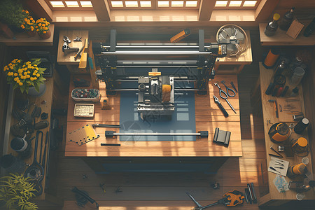 铁质工具木锯木桌上的3d打印机插画