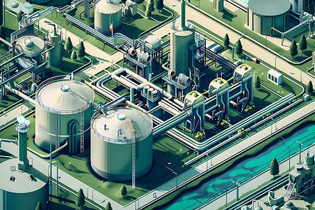 燃气胶管错综复杂的生物气体工厂插画