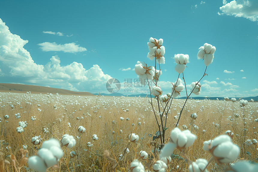 田野中盛开的棉花植物图片