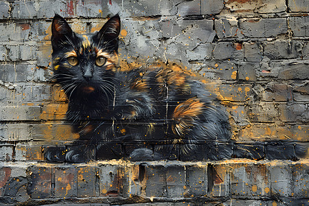 墙壁上涂鸦绘画的黑猫背景图片