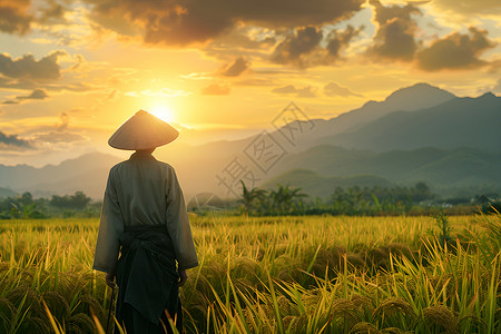 山脉下的稻田背景图片