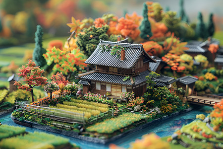 秋季建筑秋日稻田风景设计图片