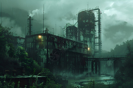 薄雾和工厂废弃的建筑插画