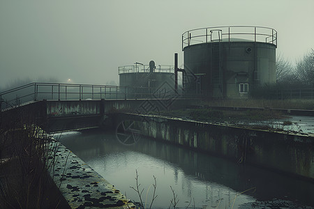 薄雾和工厂工厂的小河插画