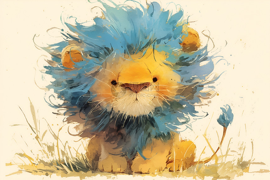 蓝发狮子坐在草地上图片
