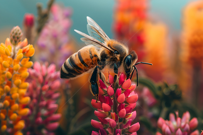 蜜蜂飞舞在花田上图片