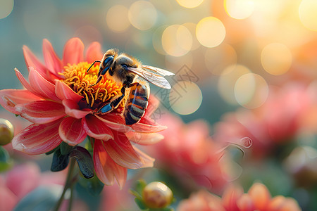 勤劳的蜜蜂采花蜂在红花中背景