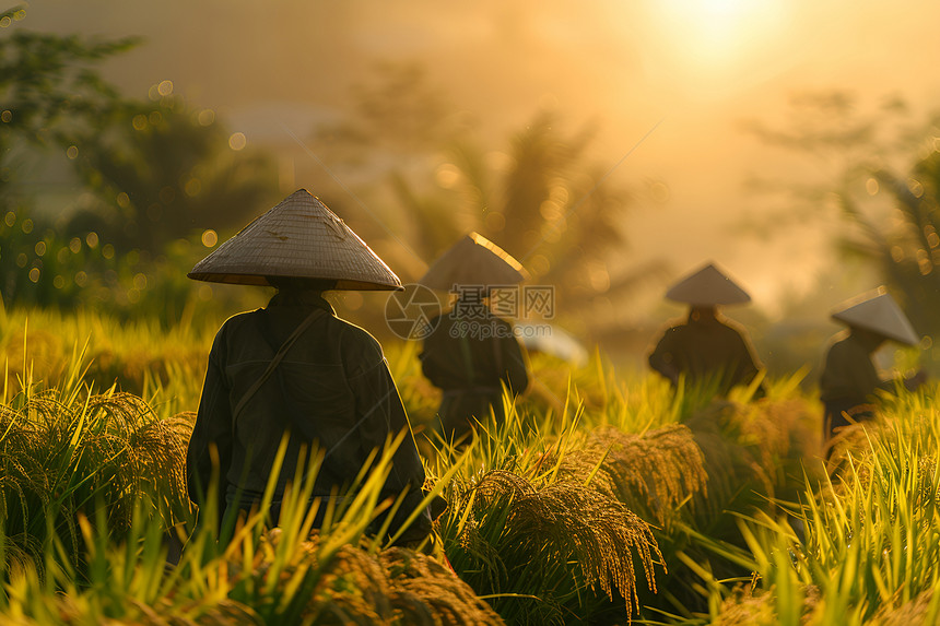 稻田忙碌的农民图片