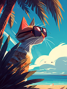 海滩上的墨镜猫高清图片