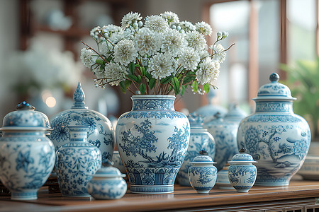 精美花纹分割线台上的青花瓷花瓶背景