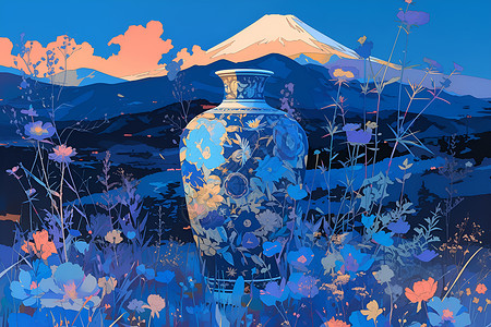 石制罐子花田中有一只花瓶插画