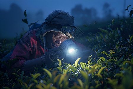 夜晚的采茶工人背景图片