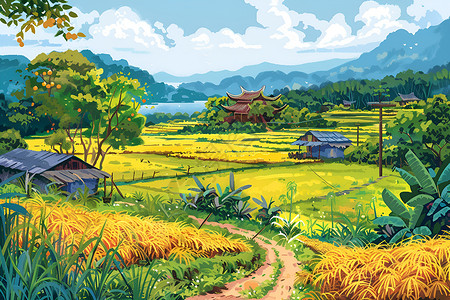 乡间稻田的风景背景图片