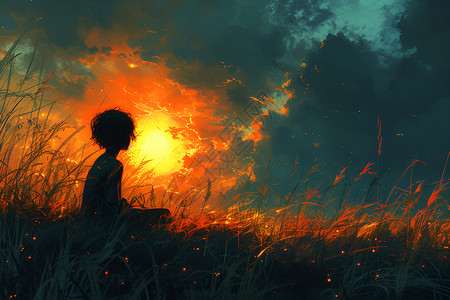 夕阳下的草地夕阳下的男孩插画
